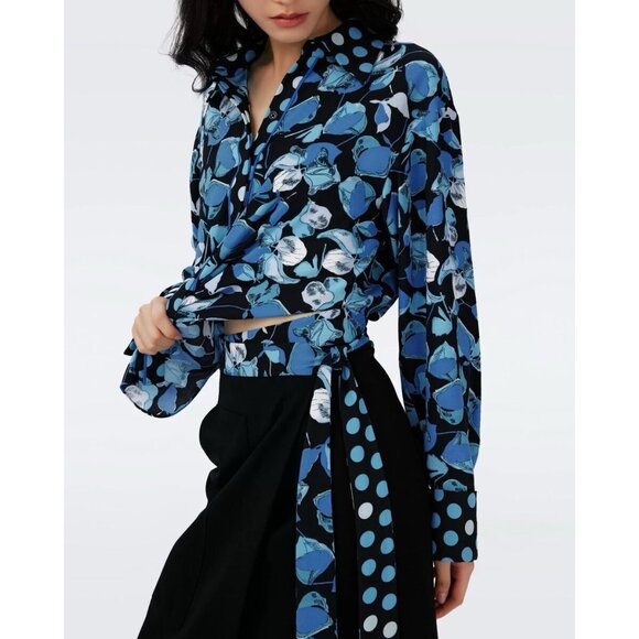 DIANE VON FURSTENBERG Olia Mixed Media Wrap Dress Blue Black Size XS - NWT $458 - Picture 3 of 9